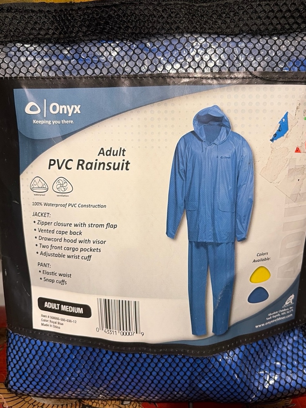 Onyx 2-Pc Rain Suit PVC Adult Sz Medium Blue NEW Rainsuit